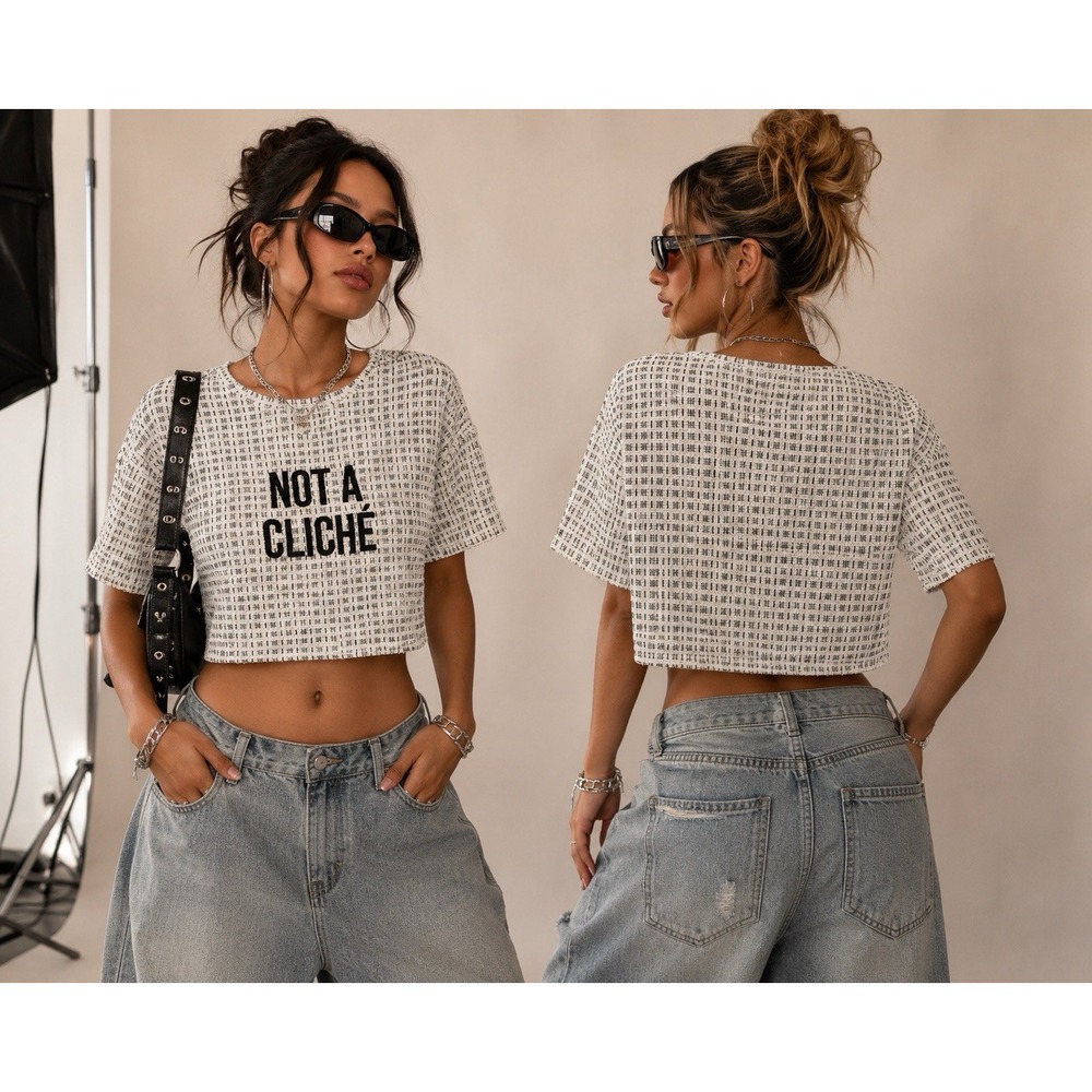 ZARA Trafaluc Not A Cliché Crop Top Women's M Textured Tweed Top Short Sleeve